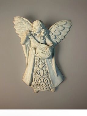 1997 Carruth Studios Angel Playing Lute Mandolin Cast Stone Wall Plaque Guitar